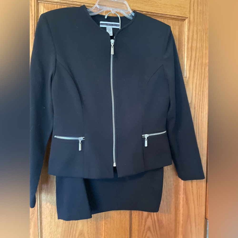 Black Zip-Up Blazer and Skirt Set